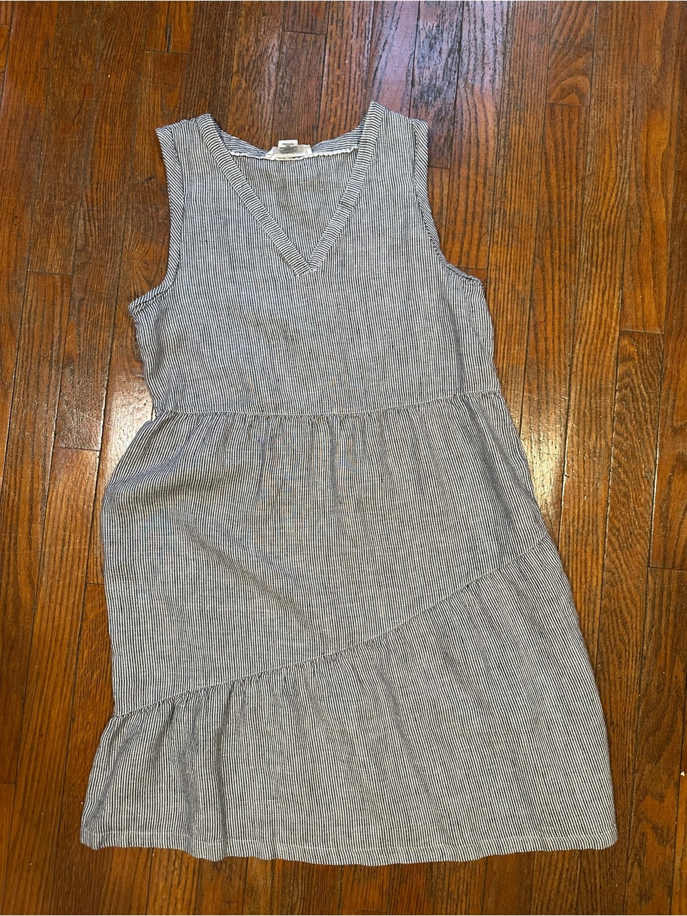 Lucky Brand 100% Linen Striped Sleeveless Ruffle Hem Dress Size Small